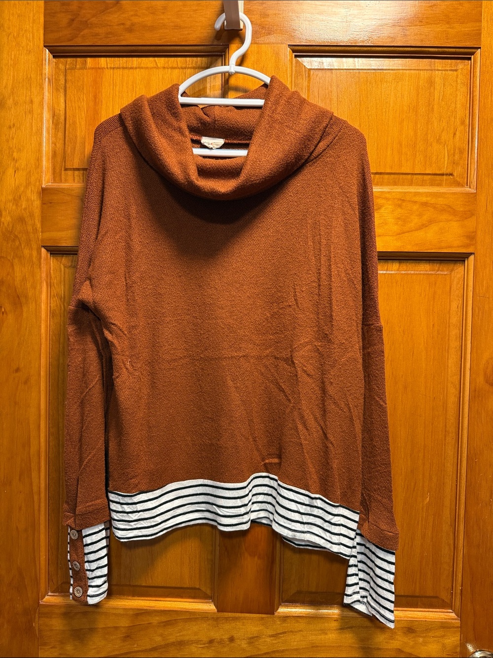 Lovely Melody Rust Cowl Neck Sweater with Striped Hem